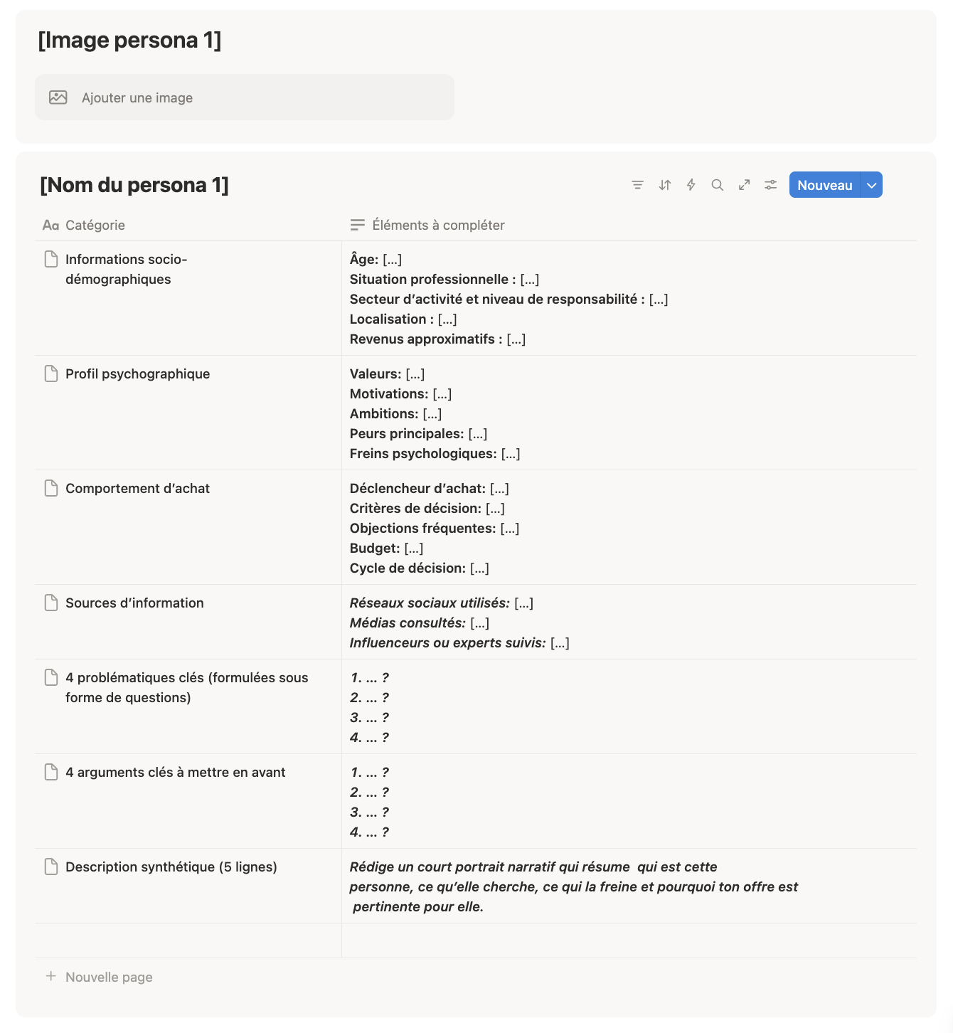 Tableau permettant de décrire ses personas disponible dans une base de données Notion.