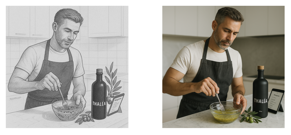 exemple de représentation de persona avec d'une part un crayonné, de l'autre une image réaliste.