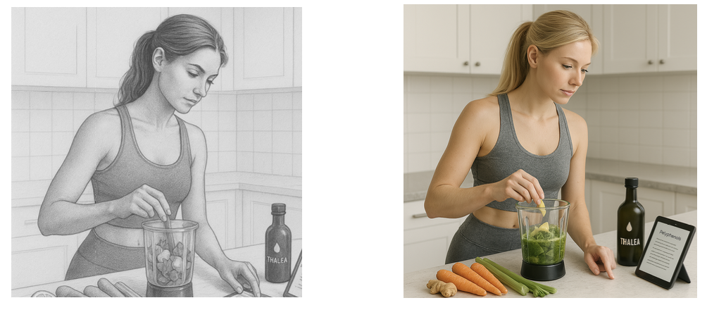 Deuxième exemple de persona marketing, avec d'un côté un crayonné et de l'autre une image plus réaliste.